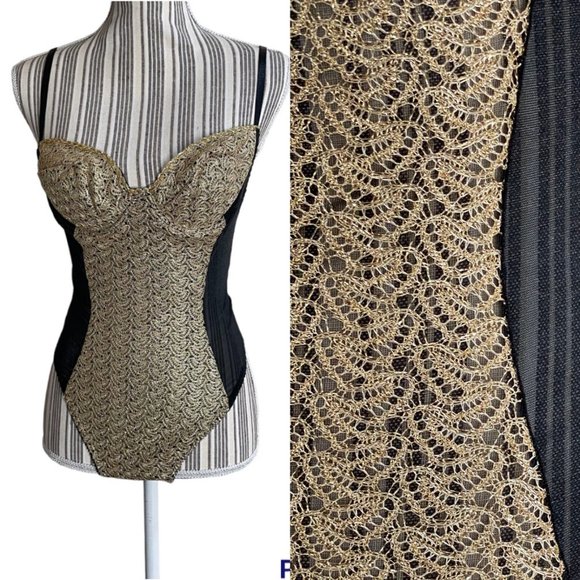 Vintage 90's Frederick's of Hollywood Gold Black Bodysuit USA Made Size M - Picture 1 of 12